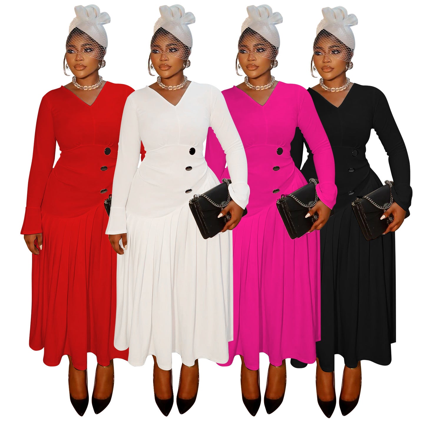 Plus-Size Women Autumn V-Neck Pleated Maxi Dress 11