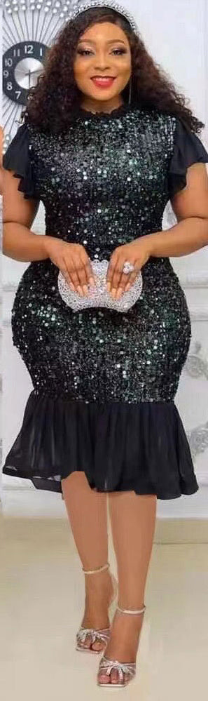 Women Soid Sequin Patchwork Sexy Bodycon Short Sleeve Dress 3