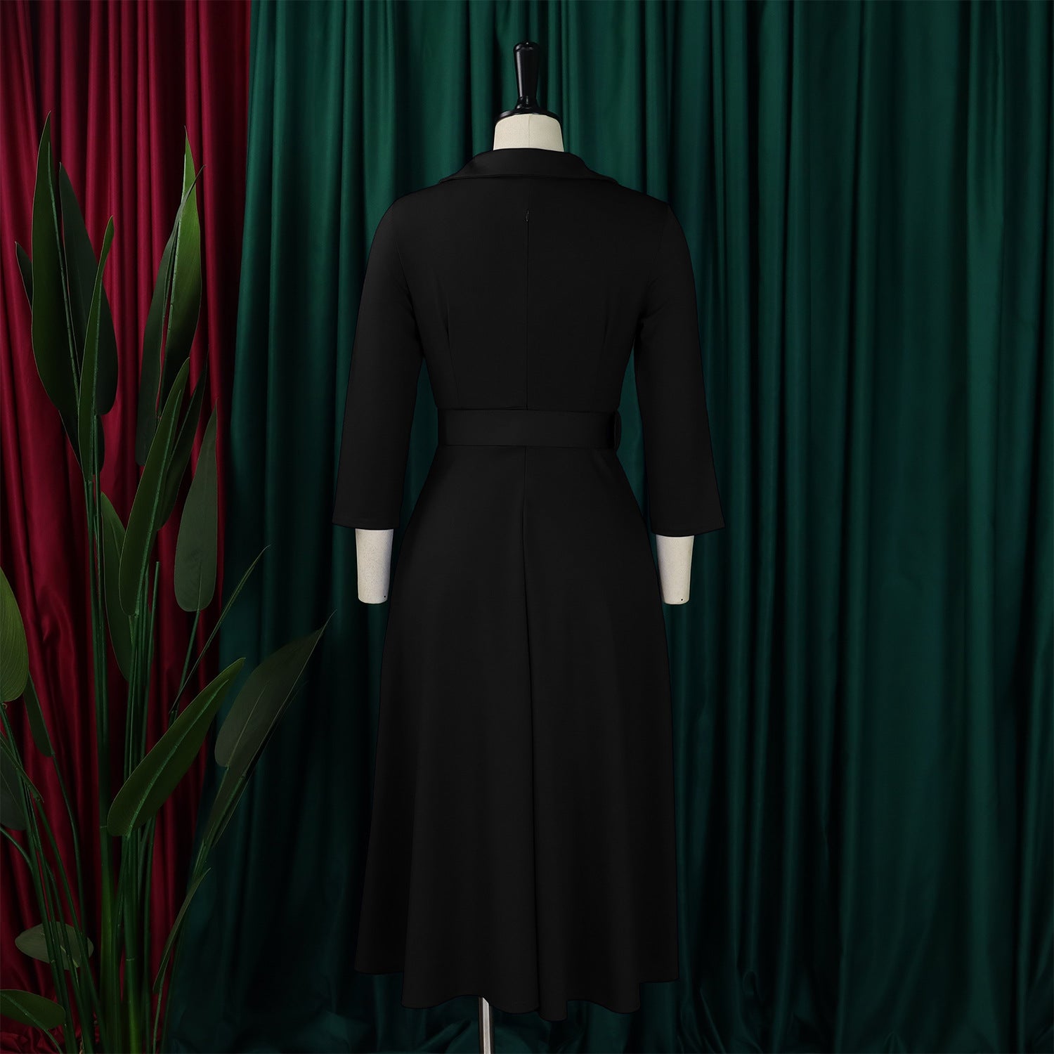 Plus Size Women Autumn Turndown Collar Solid Dress 19