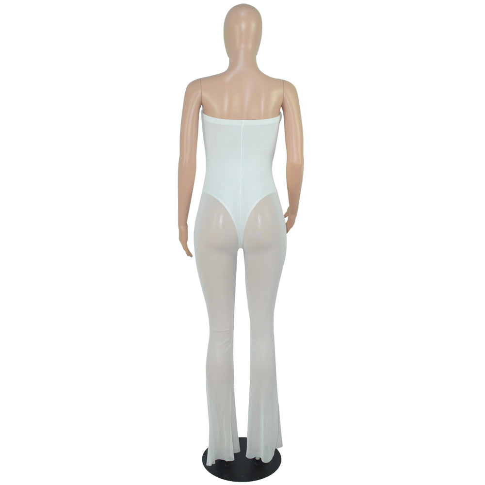 Women's Fashion Sexy Strapless Tight Fitting Wide Leg Mesh Jumpsuit 13