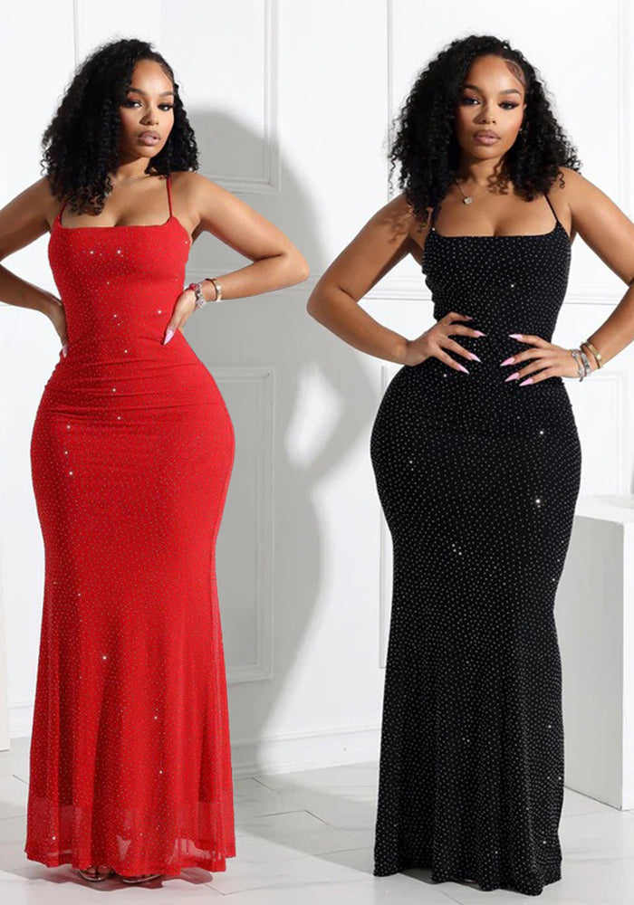 Women Sexy Suspender Beaded Mesh Bodycon Maxi Dress