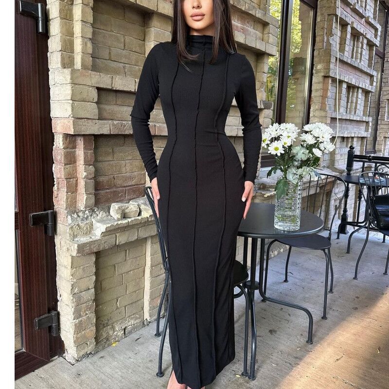 Autumn Women Half Turtle Neck Ribbed Long Sleeve Slim Fit Slim Waist Long Dress 5