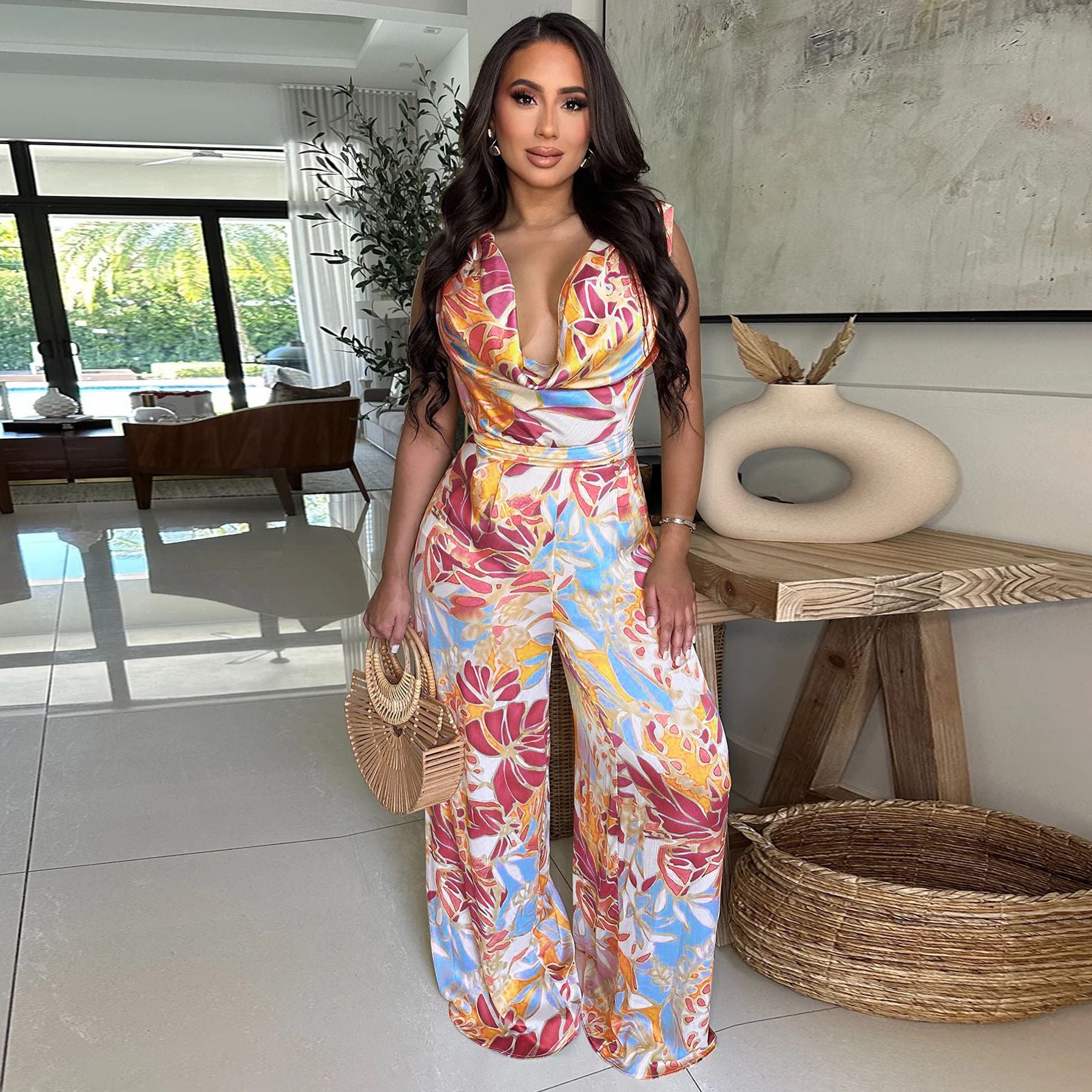 Fashionable women's sleeveless print wide leg jumpsuit 4