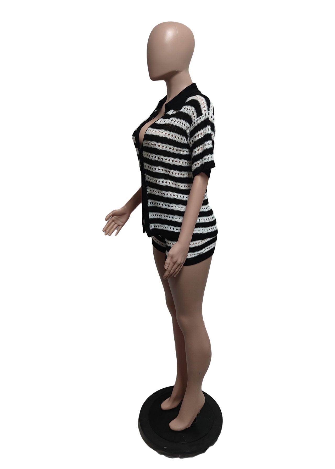 Women Sexy Hollow See-Through Turndown Collar Top and Knitting ShortsTwo Piece Set 7