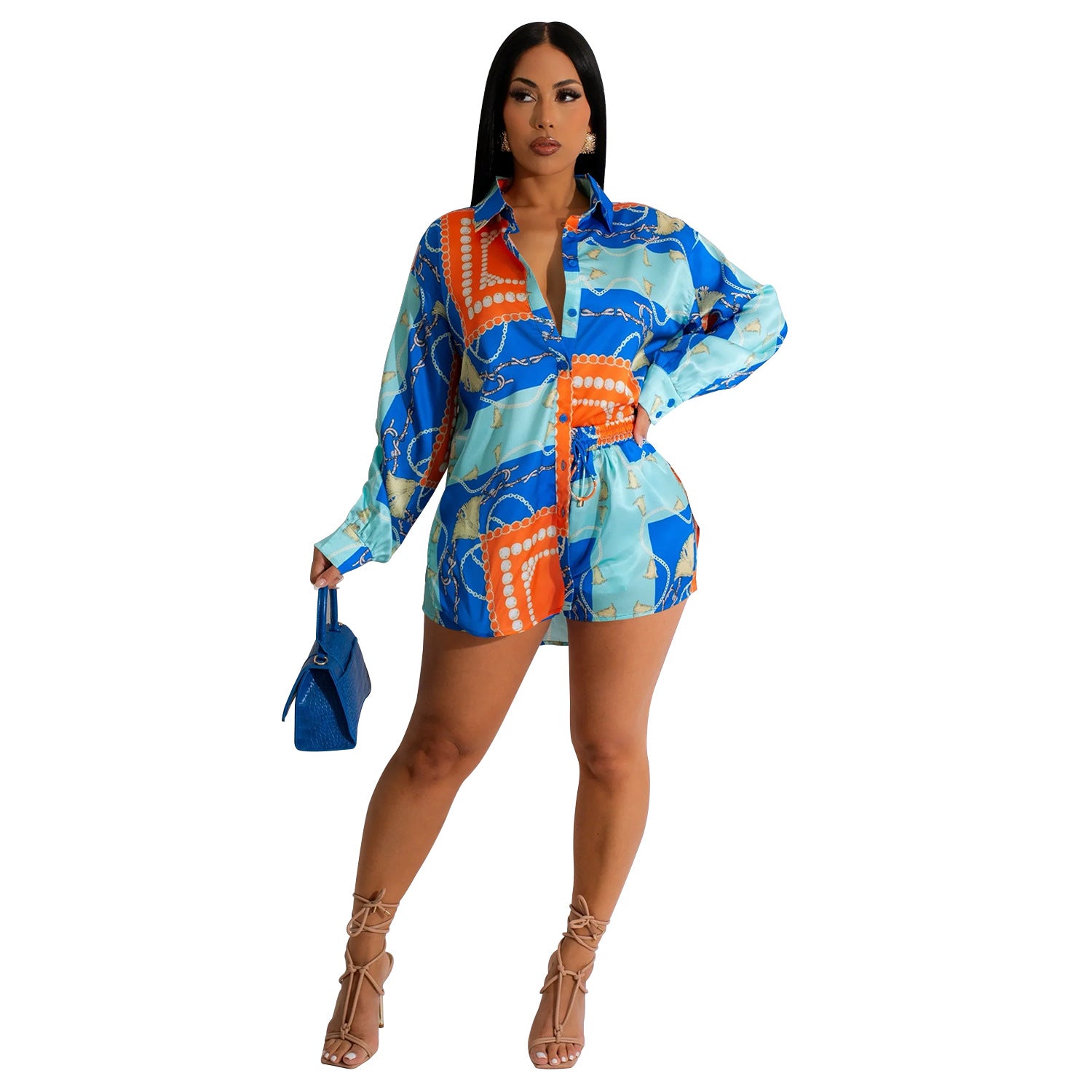 Ladies' Fashion Colorblock Turndown Collar Long Sleeve Shirt Shorts Two Piece Set 8