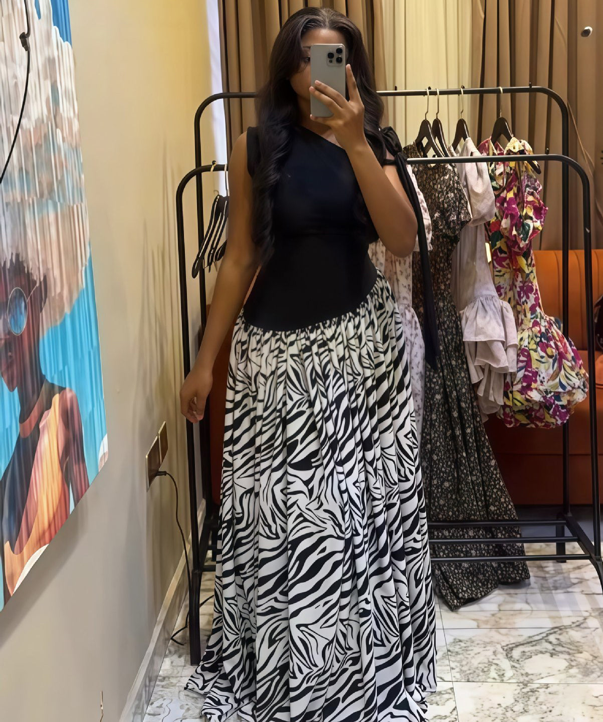 Women's Autumn Sleeveless Slash Shoulder Slim Fit Print Pleated Chic Long Dress 3