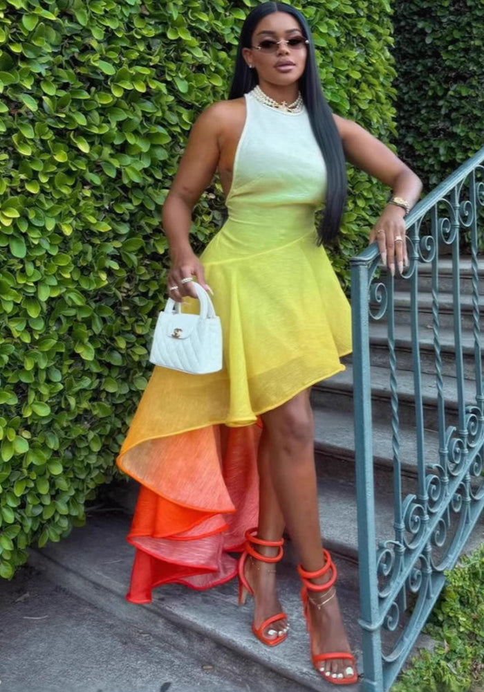 Women autumn sexy Holidays printed gradient strap dress