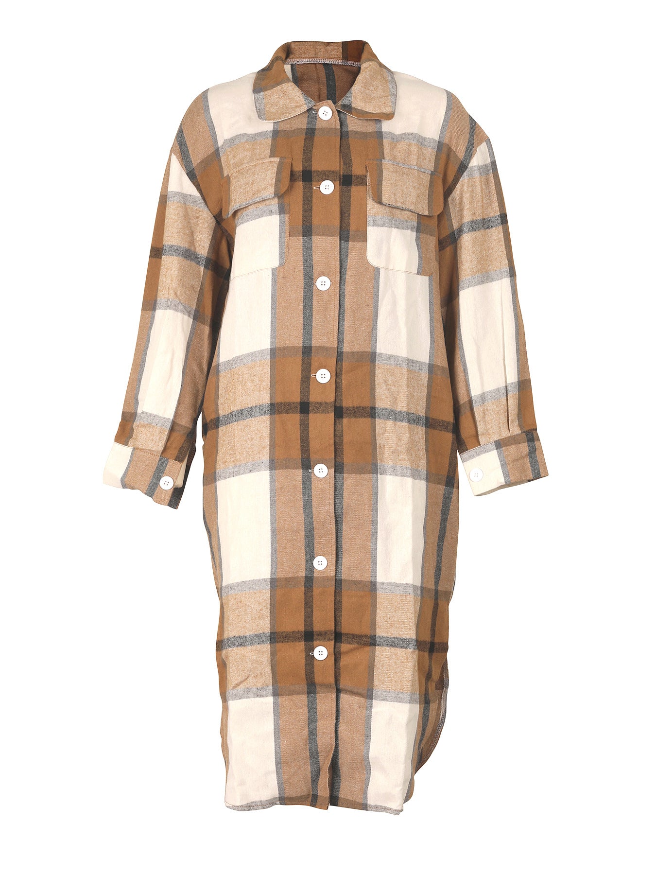 Autumn And Winter Women's Long Sleeve Plaid Shirt Long Coat 7