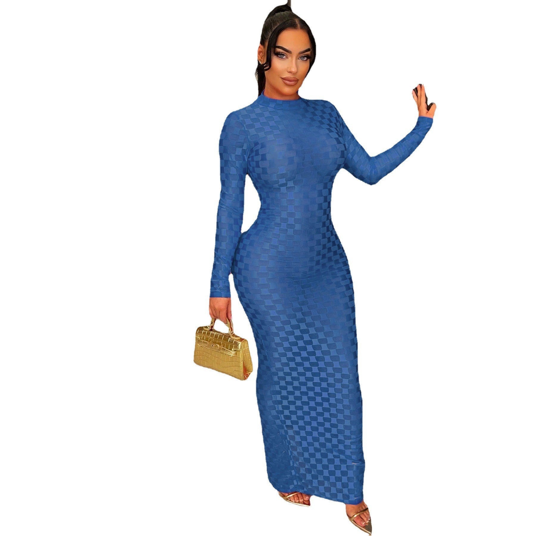 Women's Fashion Mesh Round Neck Slim Fit Long Dress 18