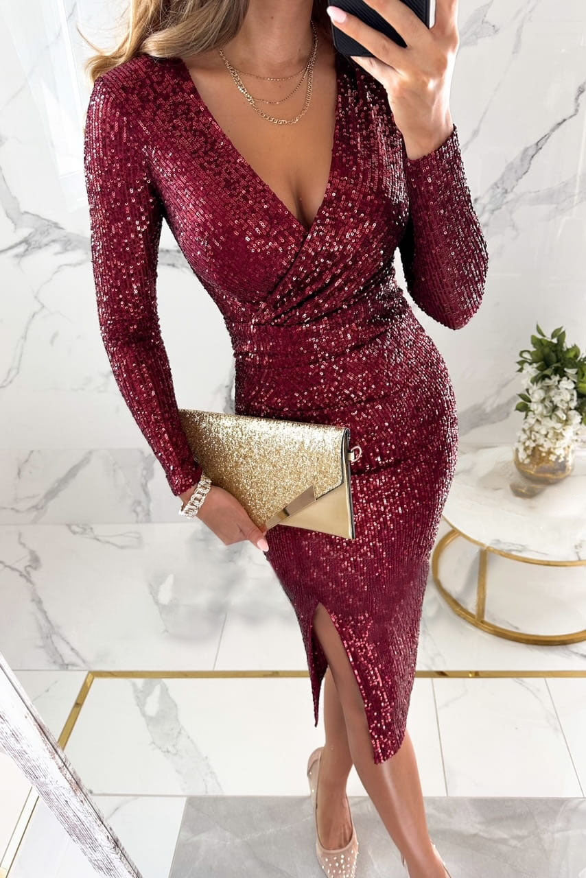 Women Party Sequin Slit Long Sleeve Dress 3