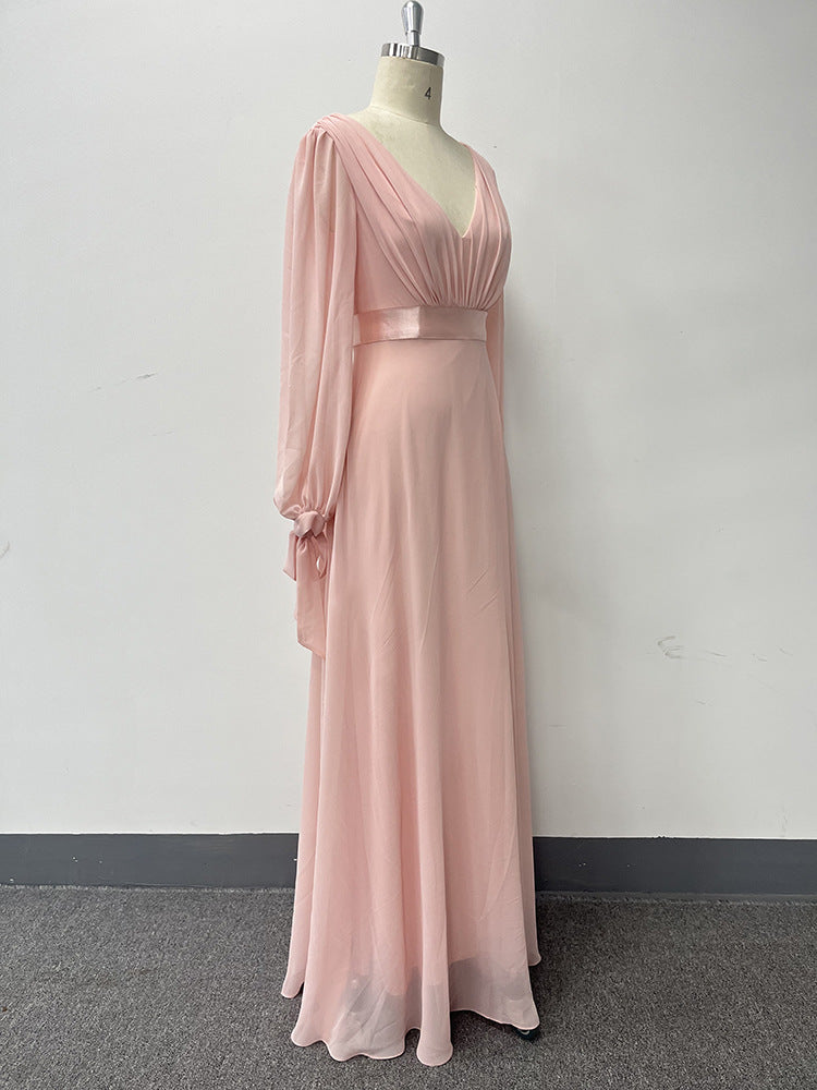 Pink Chiffon Dress Lace-Up Long Sleeves V-Neck Patchwork Elastic Waist Full Swing Evening Dress 11