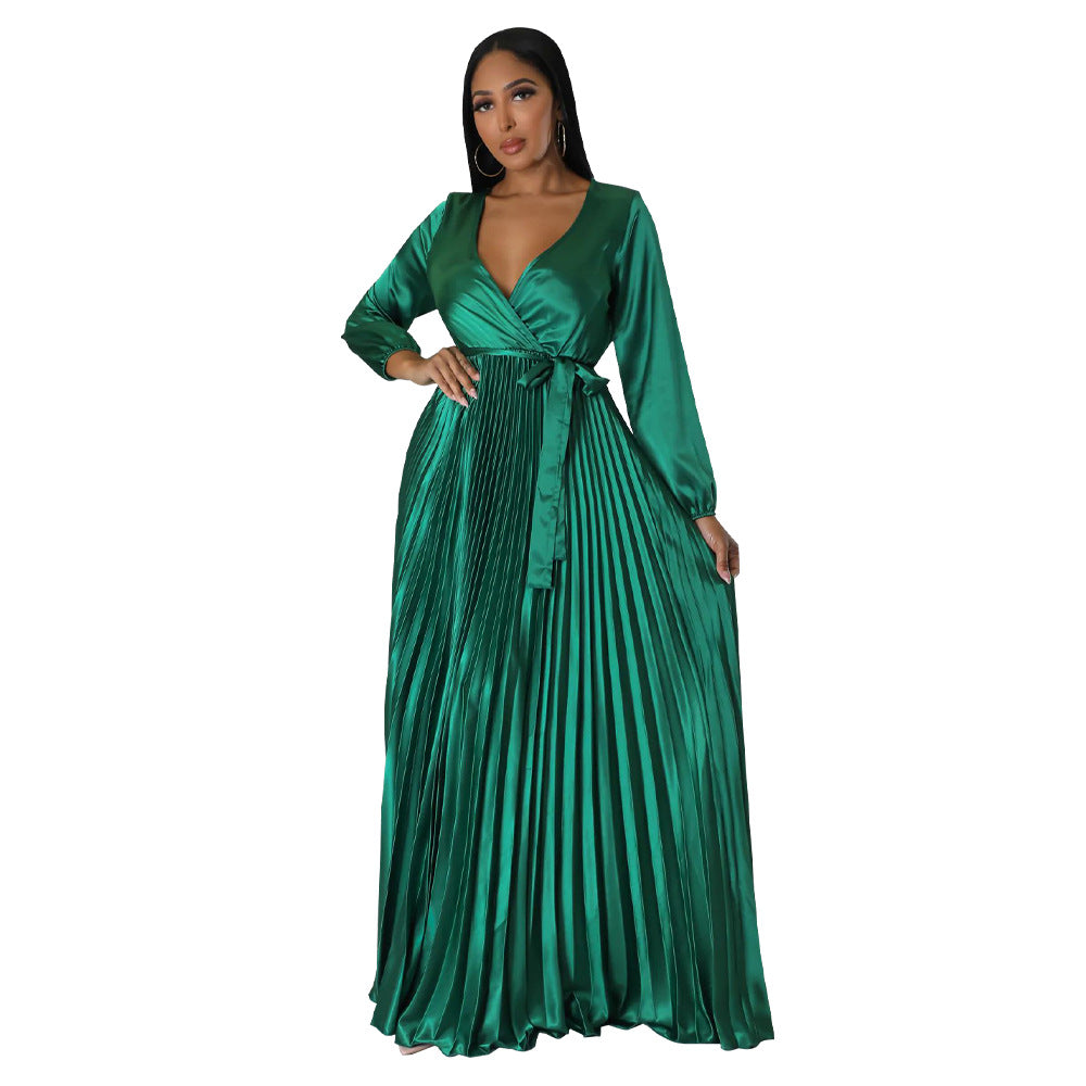 Women Autumn V-Neck Balloon Sleeve Pleated Dress 5
