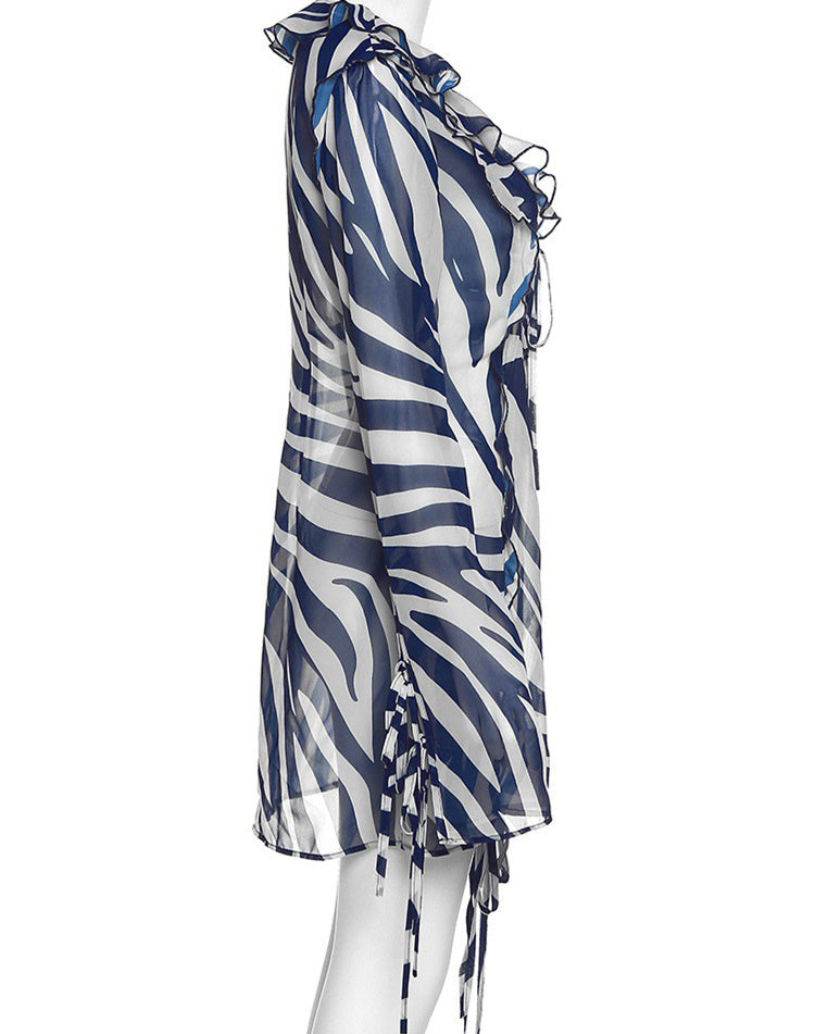 Women's Fall Winter Sexy V-Neck Long Sleeve Chic Stripe Lace-Up Dress 5