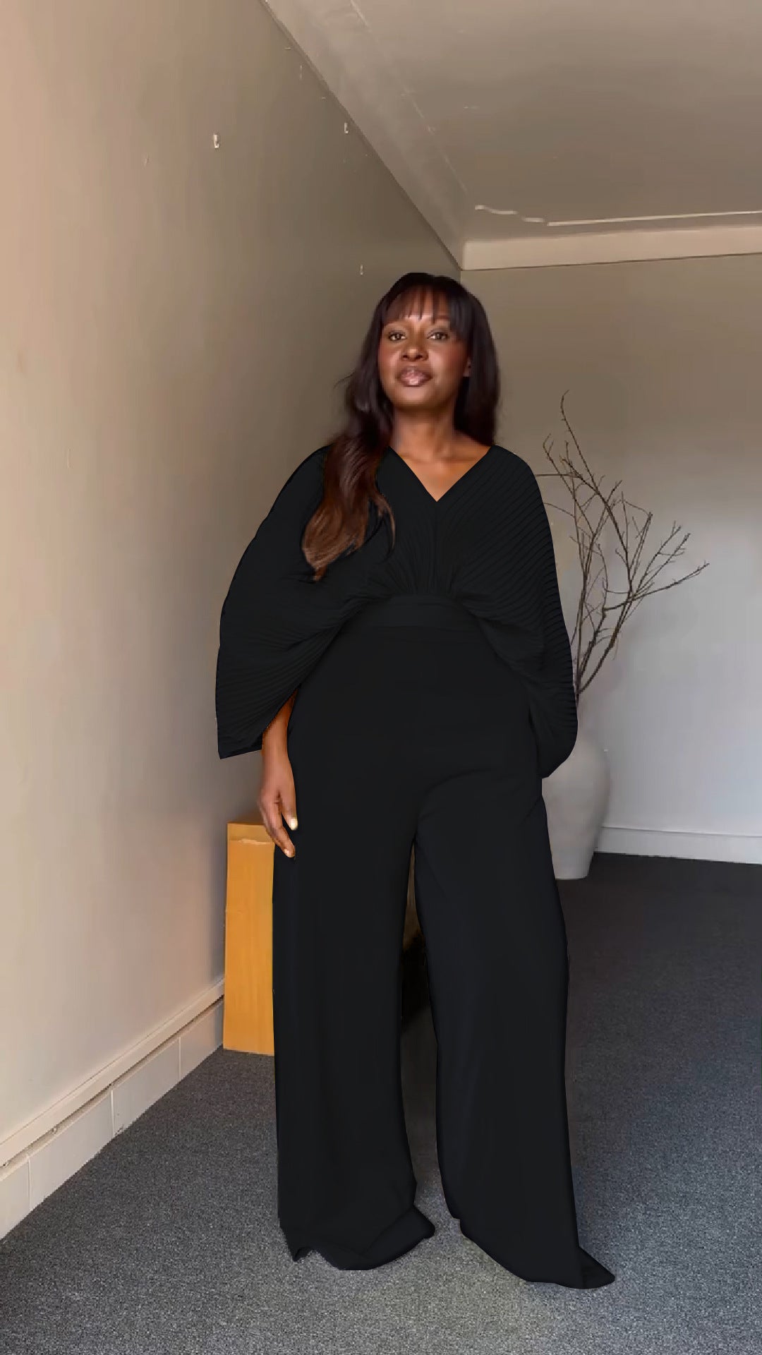 Women Pleated V-Neck Bat Sleeves Shirt and Pants Two Piece Set 4