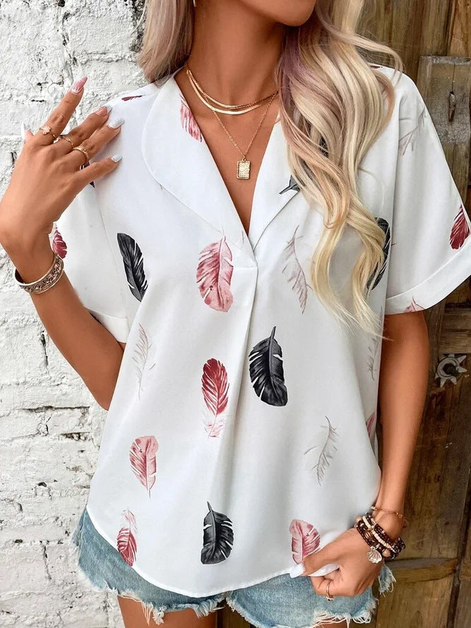Spring And Summer Women's Turndown Collar Feather Print Shirt 3