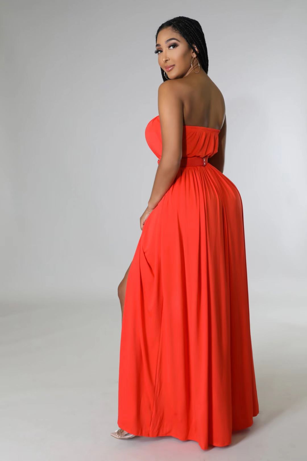 Women Solid Strapless Slit Belt Dress 6