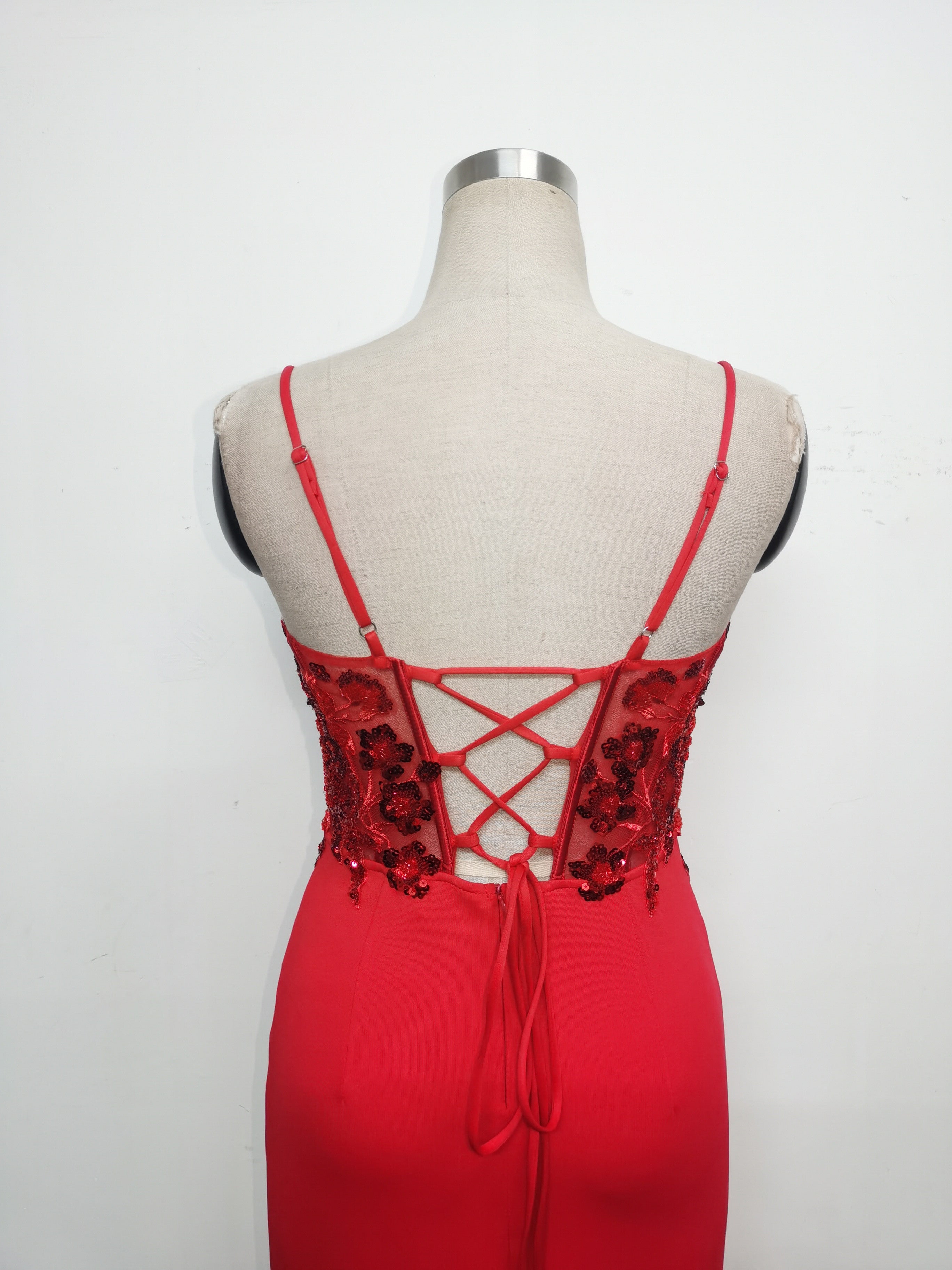 Women Fishbone Lace-Up Sequin Embroidery Formal Formal Party Evening Dress 38