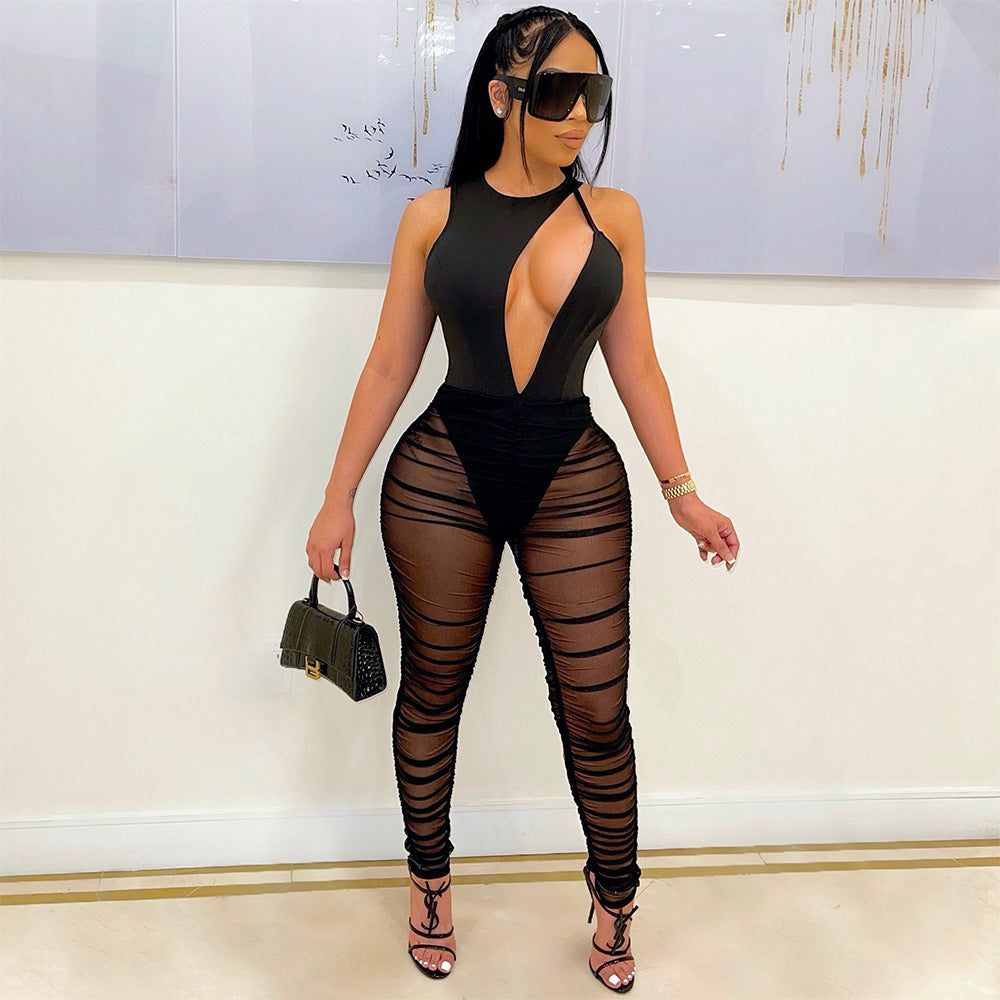 Women's Fashion Sexy Sleeveless Hollow Bodysuit Mesh See-Through ruched pants Ladies two piece set 4