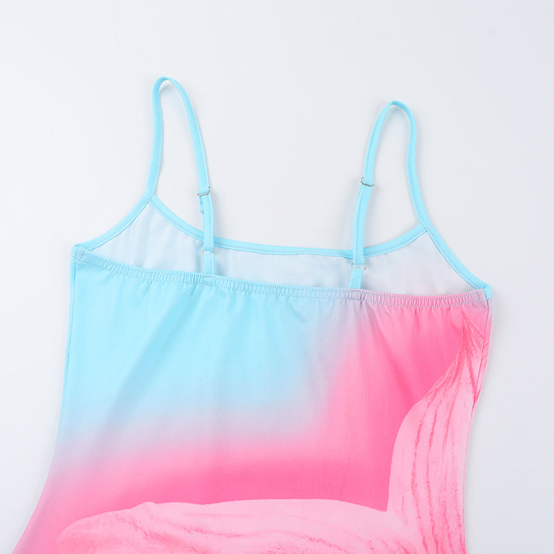 Women Summer Printed Square Neck Strap Bodycon Dress 15