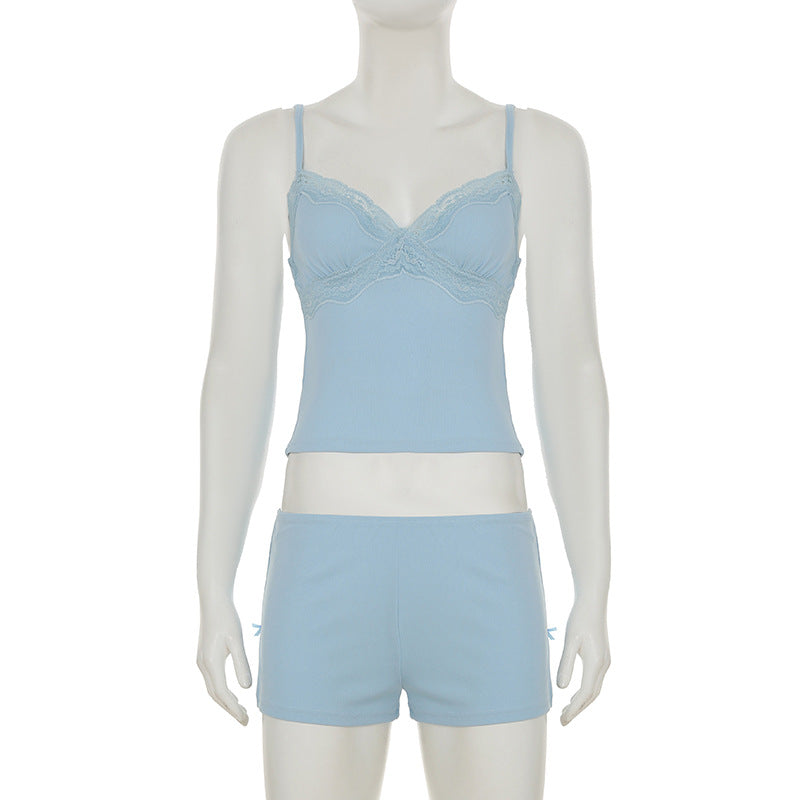 Women Sexy Casual Homewear V-neck Lace Suspender Top Slit Shorts Two-piece Set 9