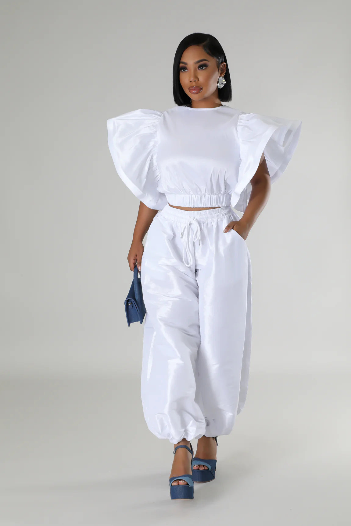 Women Ruffle Edge Sleeve Lace-Up Top and Elastic Pants Two-piece Set 10