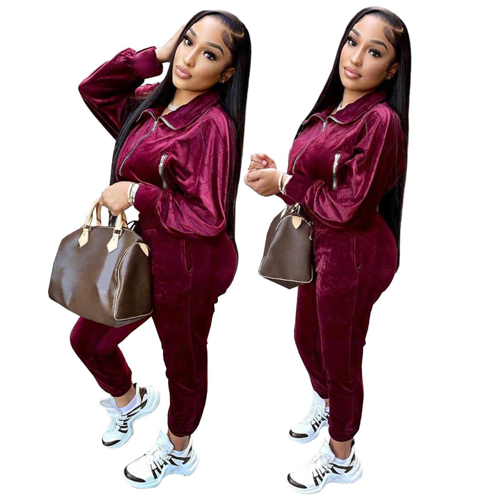 Women's Velvet Autumn And Winter Zipper Pocket Two Piece Tracksuit 7