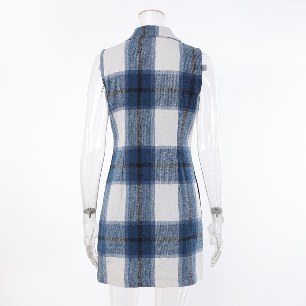 Women's Fashion Plaid Long Vest Turndown Collar Sleeveless Blazer 36