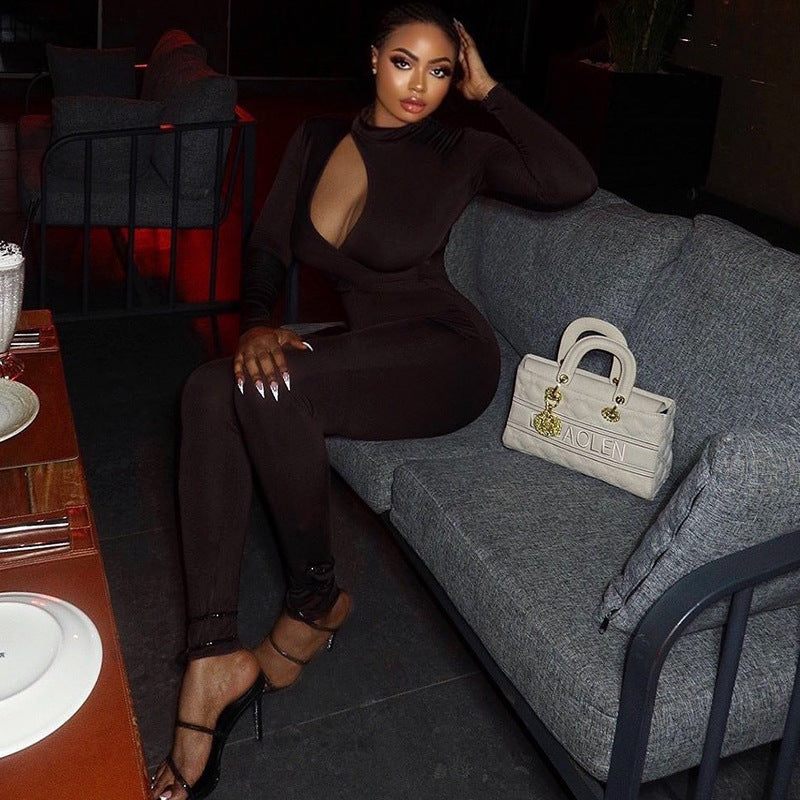 fashionable women's clothing solid color long sleeve hollow Tight Fitting jumpsuit 4