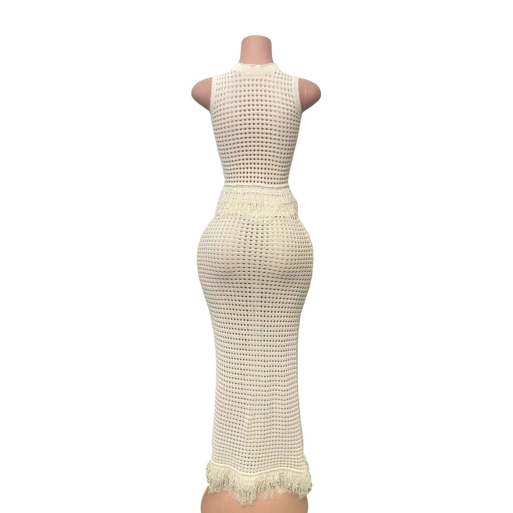 Women Cutout Knitting Tassel Sleeveless Turtleneck Top and Skirt Two-Piece Set 10