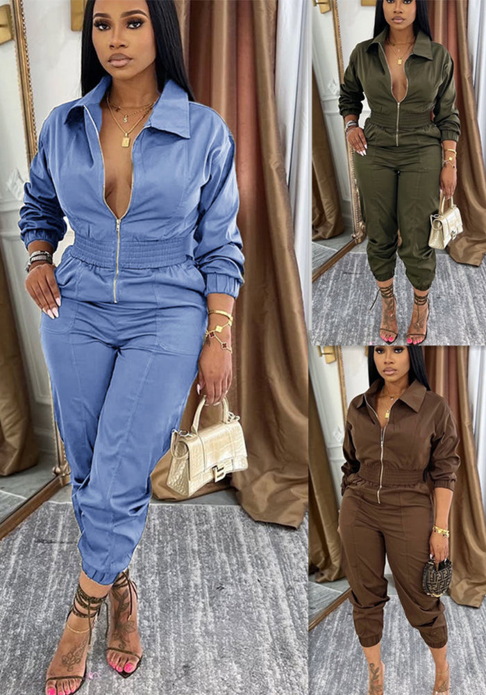 Women Turndown Collar Zipper Cargo Jumpsuit