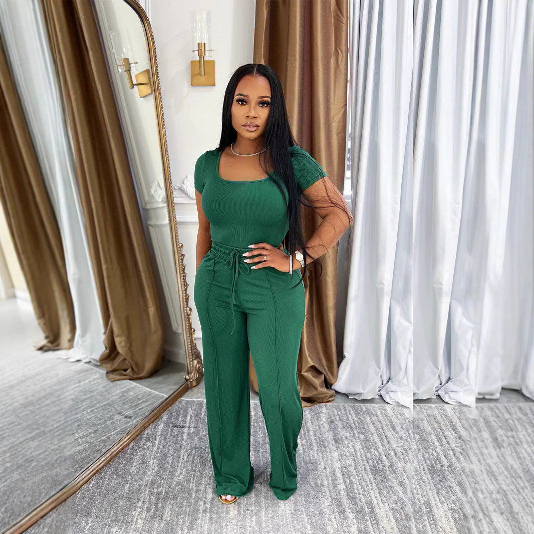 Women's summer Career fashion solid color square neck short sleeve top high waist wide leg Pants Casual Two Piece Set 5