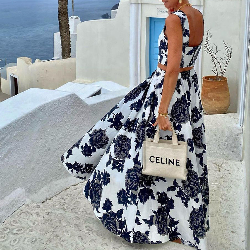 Women's Suit Summer Printed Strap Vest Top Long Skirt Two-Piece Set 4
