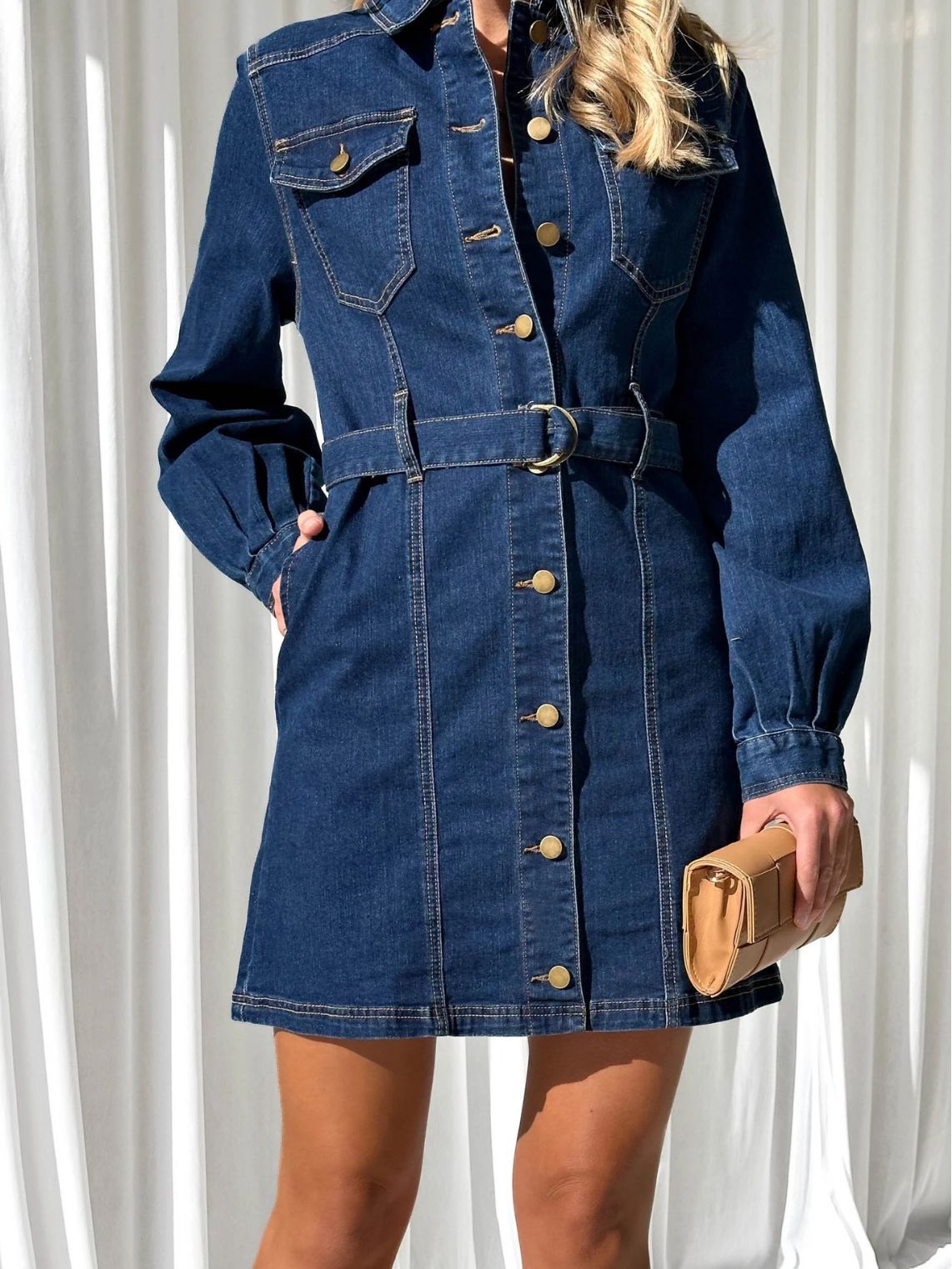 Fashionable Casual Button Tie Slim Fit Long Sleeve Denim Dress For Women 7