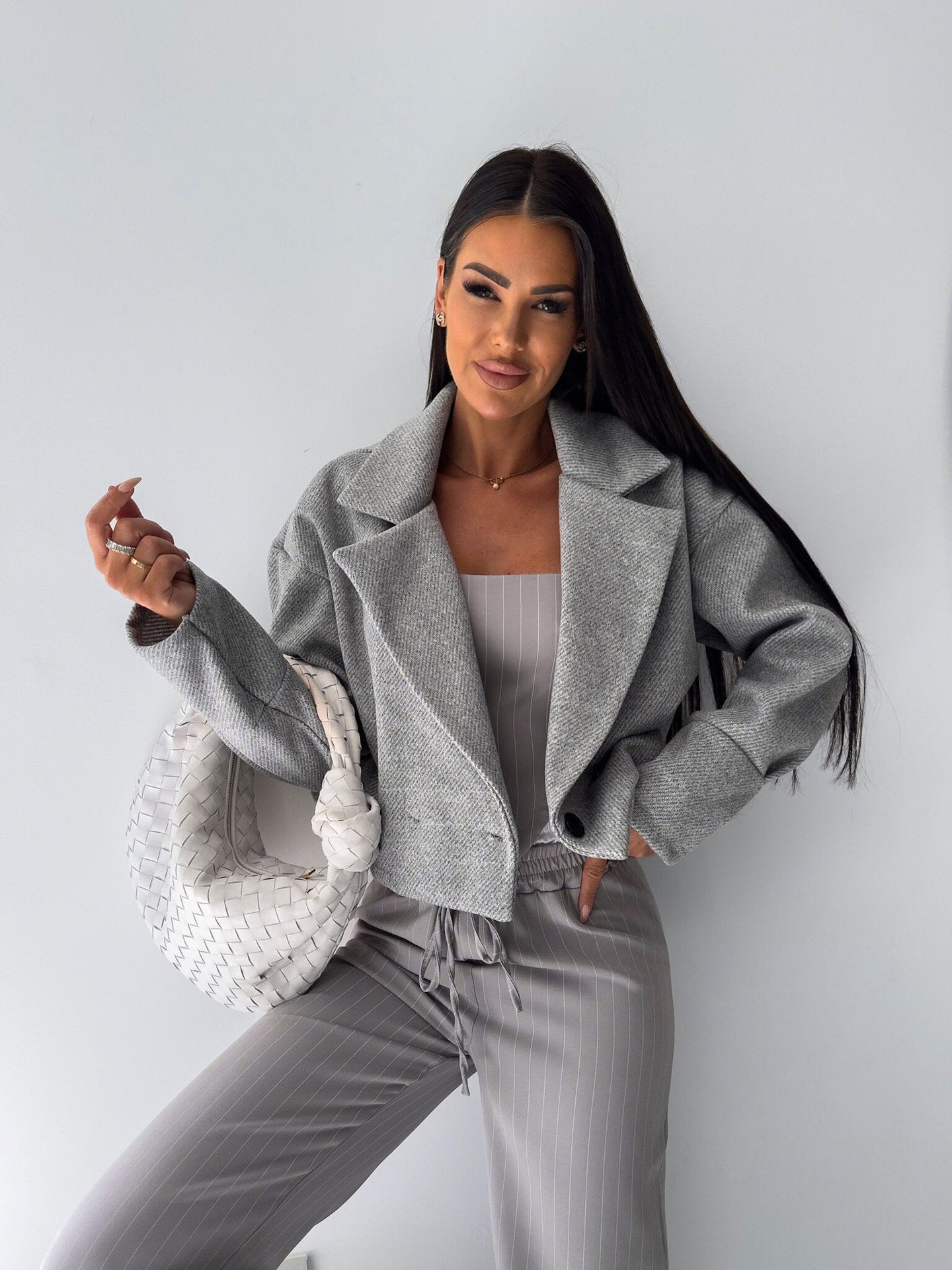 Women Turndown Collar Solid Crop Jacket 4