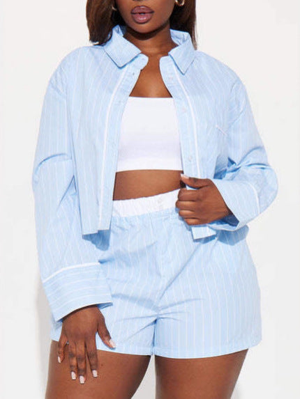 Women Summer Casual Long-Sleeve Turndown Collar Top and Shorts Two-Piece Set 6