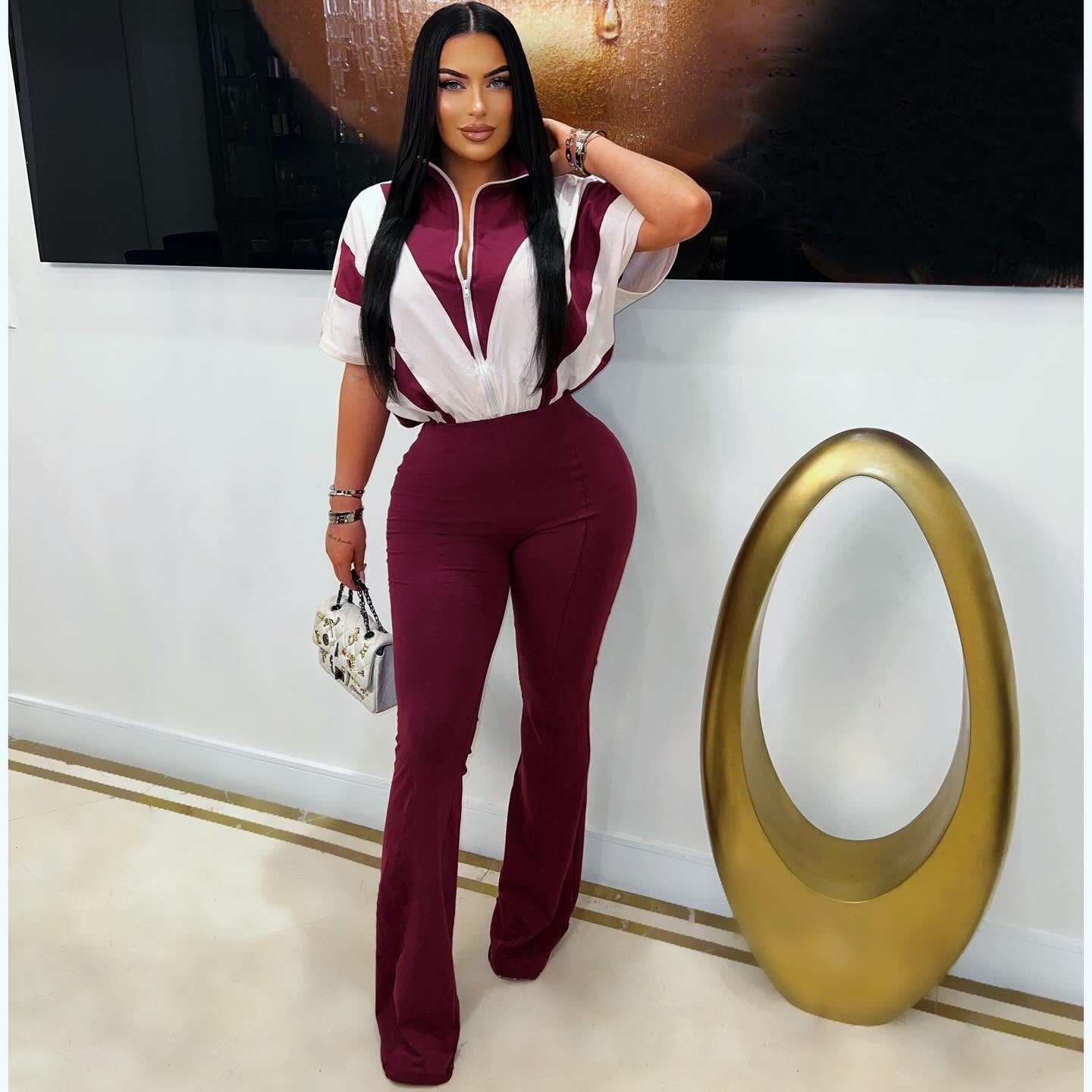 Women's turndown collar zipper patchwork bell bottom Jumpsuit 3