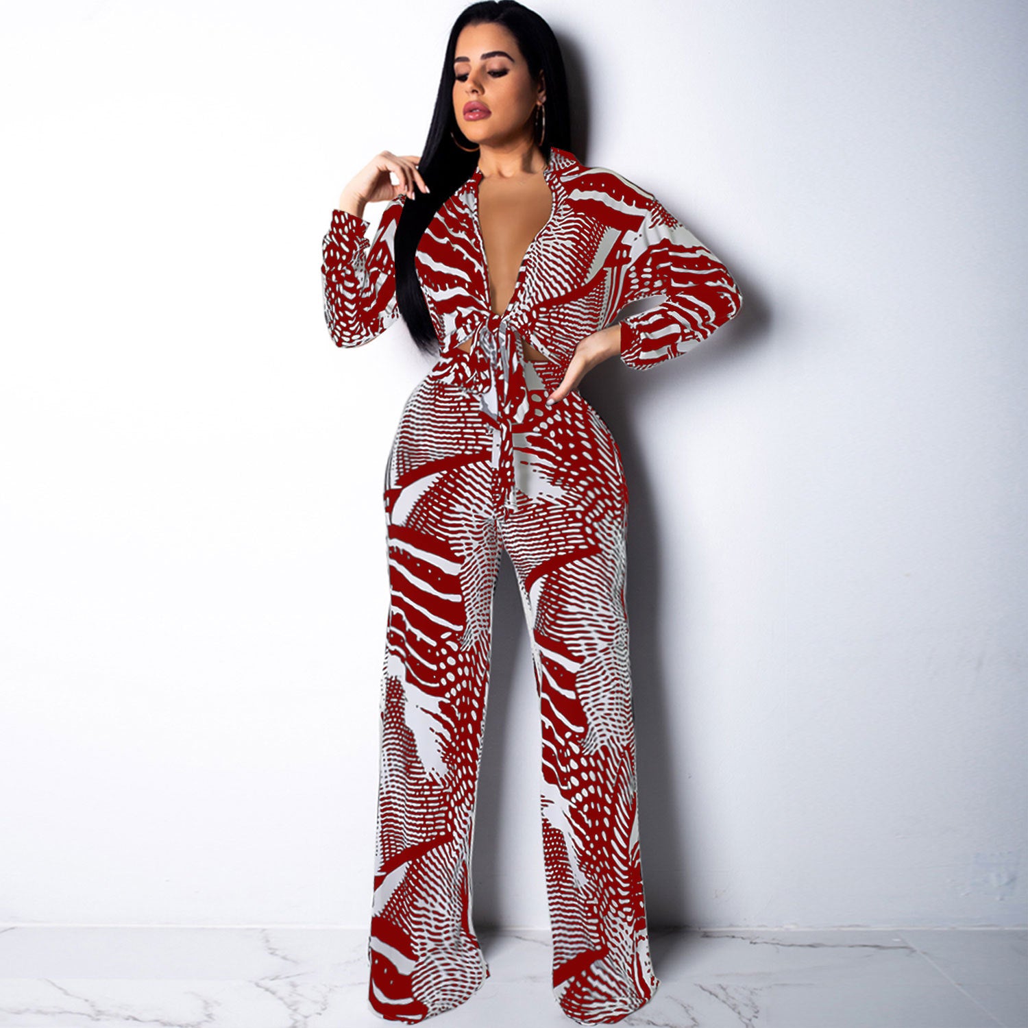 Sexy Printed Nightclub Lace-Up Two-Piece Pants Set