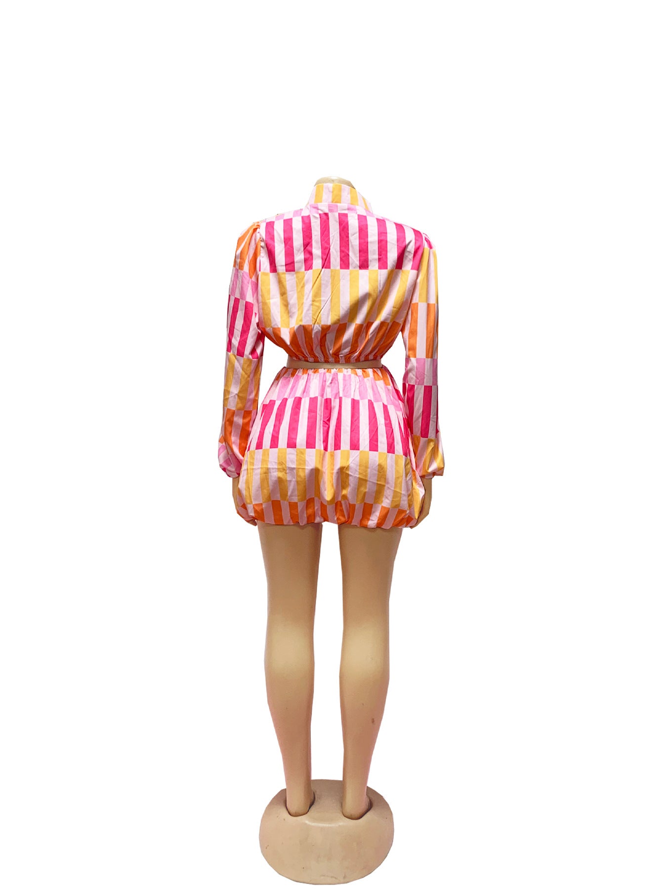 Women zipper cute puff sleeve striped shirt and Skirt two-piece set 8