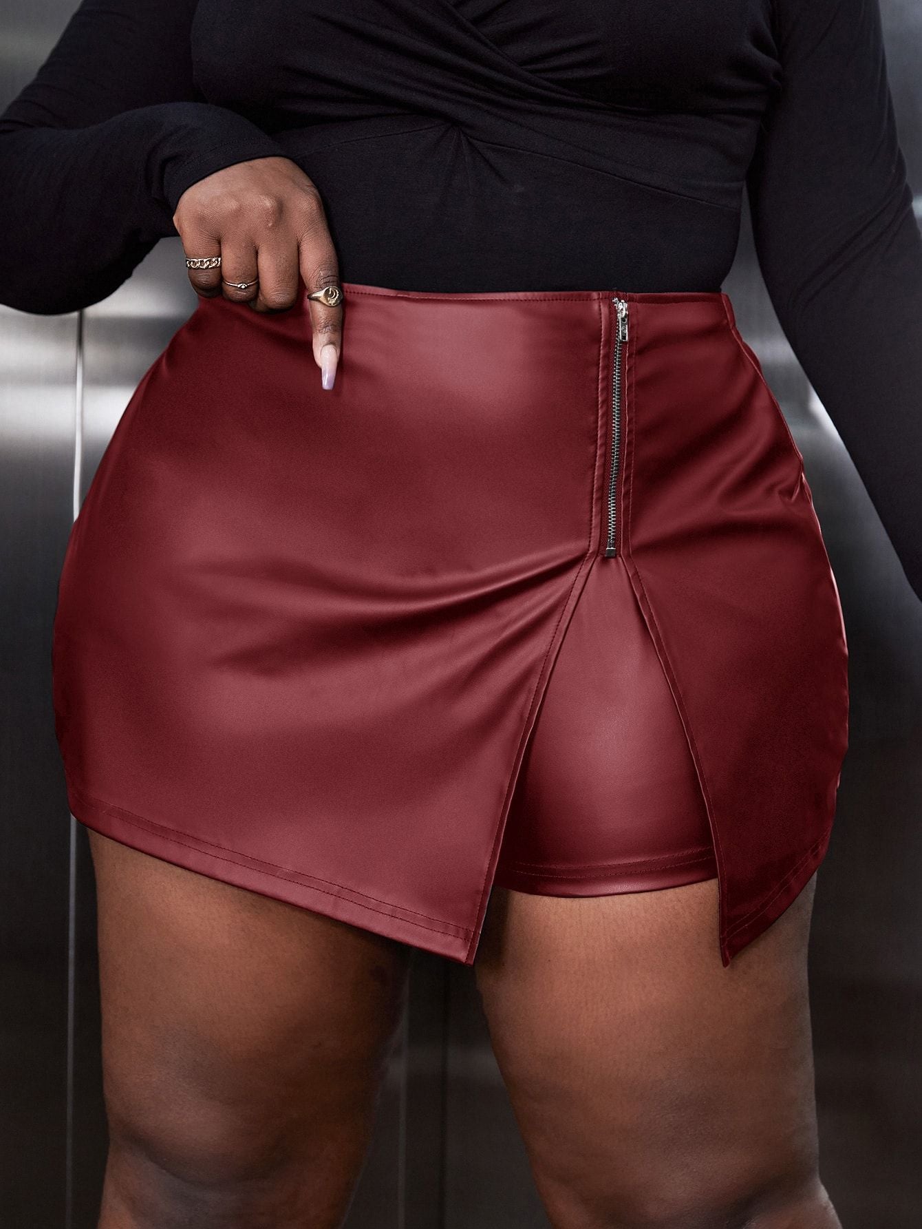 Plus Size Women irregular Style black zipper Pu-Leather pants skirt 4