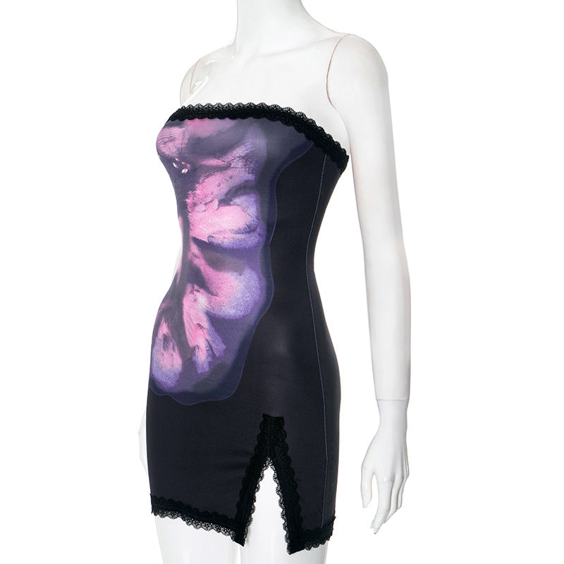 Women Spring and Summer Strapless Floral Print Lace Slit Bodycon Dress 6