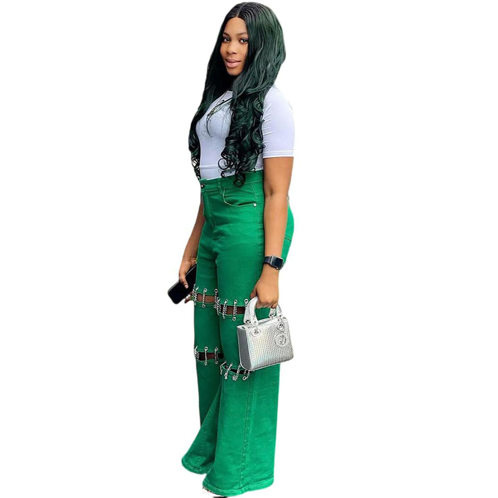 Women's High-Waisted Patchwork Denim Jeans with Studded Chain 15