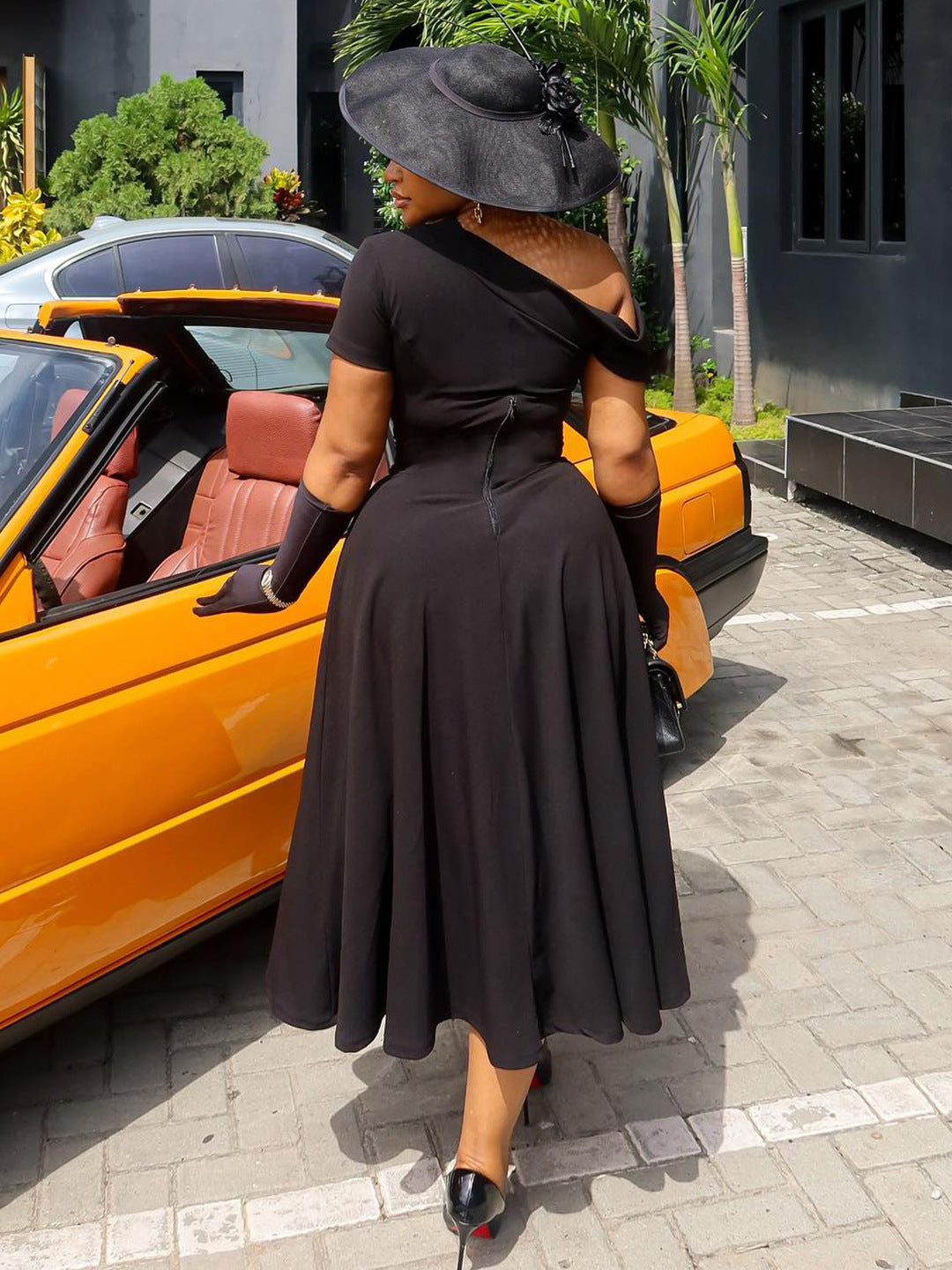 Summer Fashion Women's Slash Shoulder Cut-Out Solid Slim Waist Long Dress 7