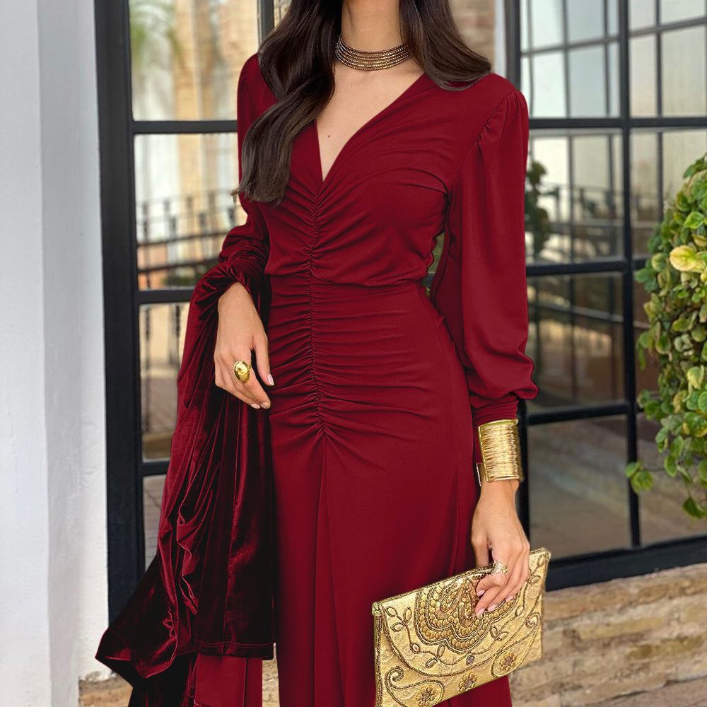 Women's V-Neck Slim Waist Chic Long Dress 9