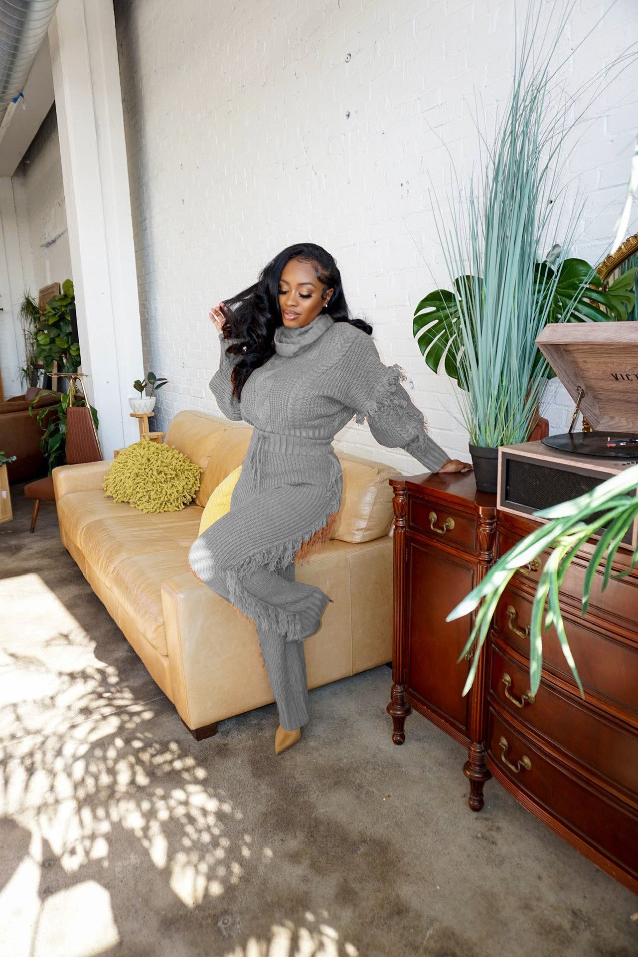 Women's Fashion Casual Solid Color Knitting Long Sleeve Turtleneck Tassel Set 12