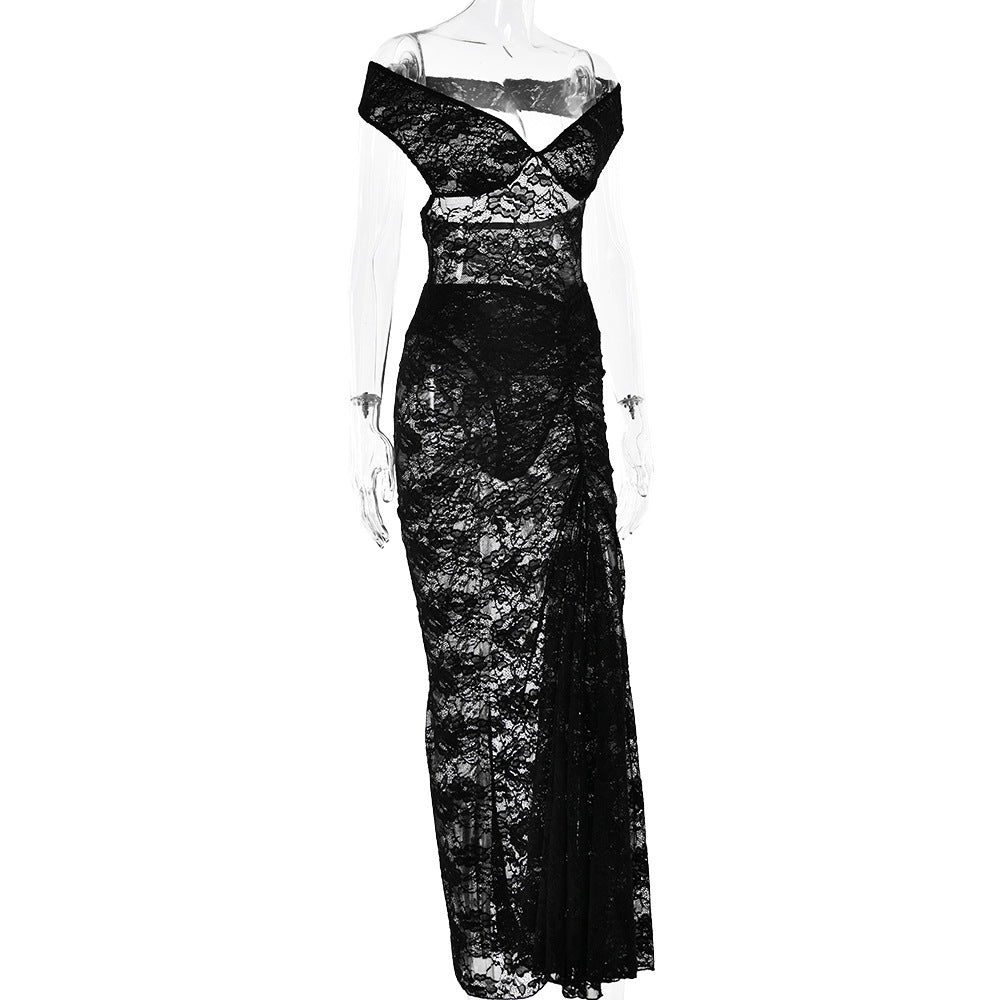 Women Strapless Backless Lace Bodysuit and Skirt Two-Piece Set 8