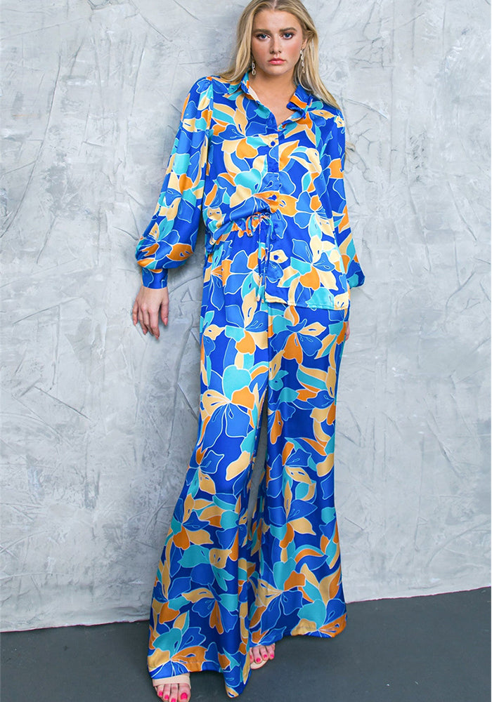 Women's Fashion Printed Puff Long Sleeve Shirt Wide Leg Pants Two-Piece Set