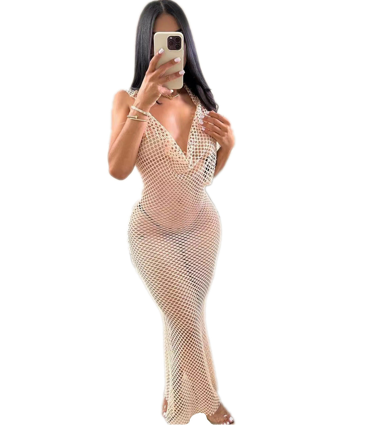 Women Sexy Open Mesh Backless Solid Lace-Up Maxi Dress 3