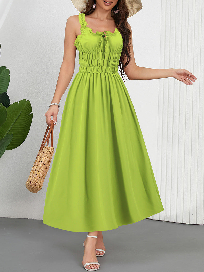 Women Spring And Summer Casual Solid Color Slim Waist Strap Holidays Long Dress 3