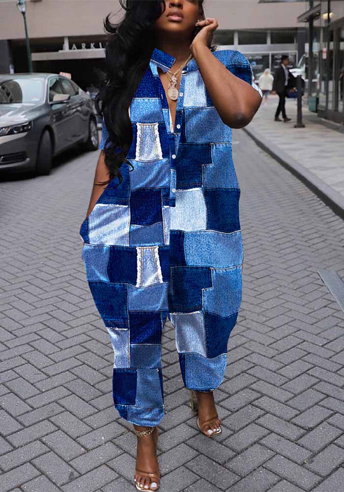 Women Turndown Collar Loose Irregular Print Jumpsuit