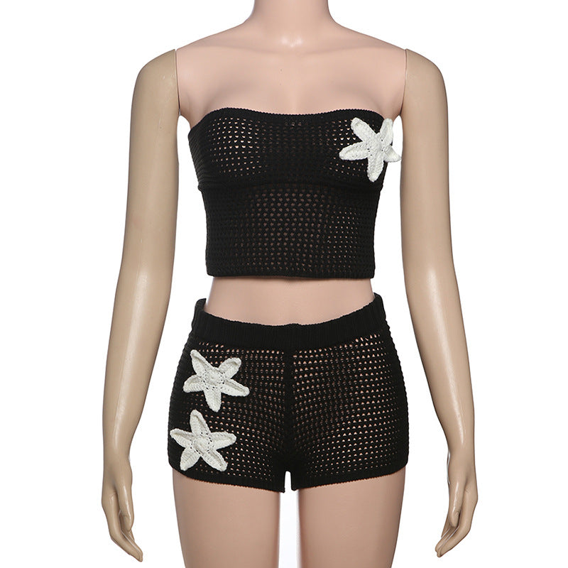 Women's Summer Sexy Strapless Floral Knitted Shorts Set 8